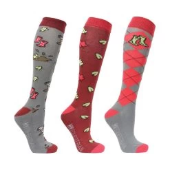 Hy Equestrian Country Walks Socks - Pack Of 3 (Burgundy/Grey)